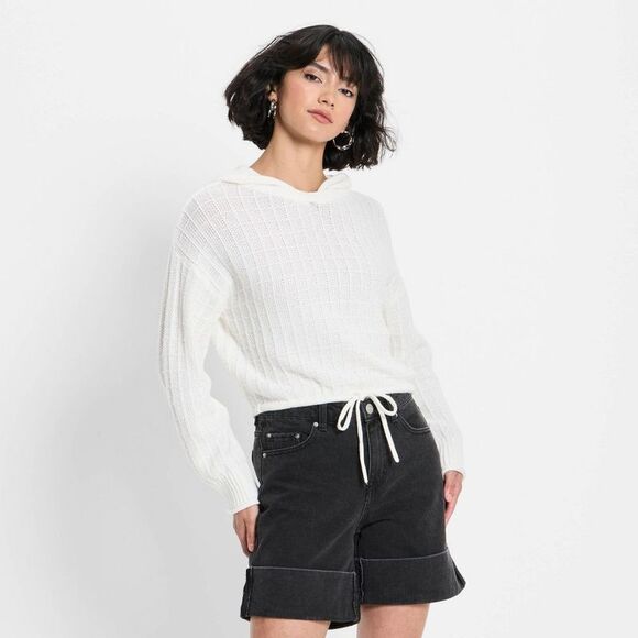 Future Collective - Women's Relaxed Textured Hooded Pullover Sweater - Off-White - Picture 1 of 3